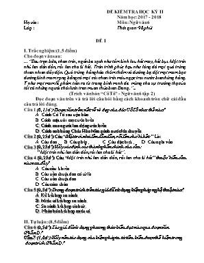 Bộ đề kiểm tra học kỳ II môn Ngữ văn Lớp 6 - Năm học 2017-2018 (Có đáp án)